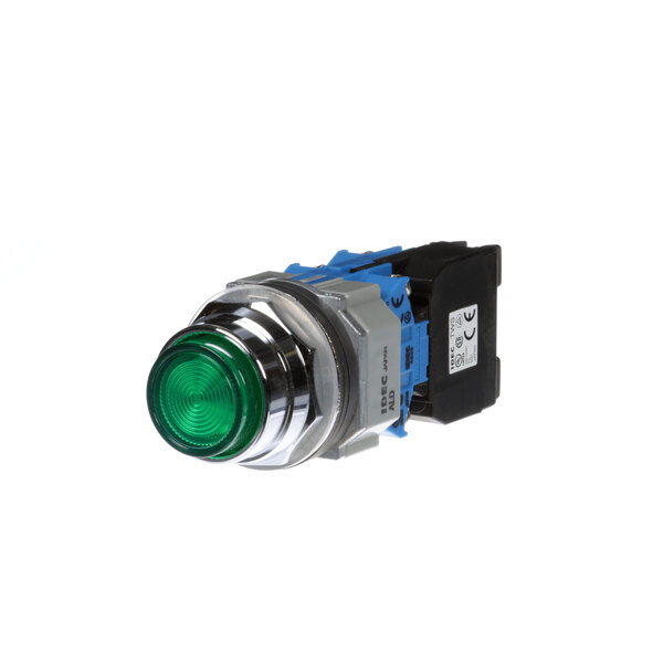 A close-up of a green push button switch with a green light on a white background.