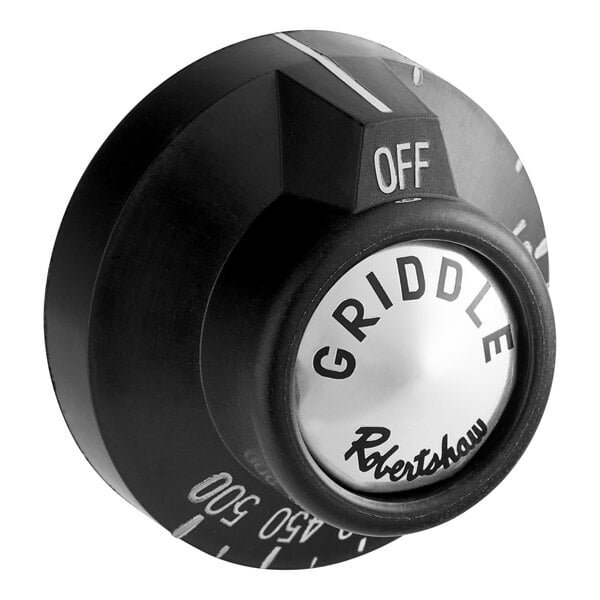 An American Range black and white knob with white text that says "off"