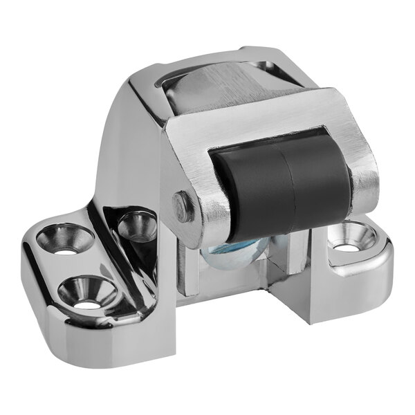 A metal and rubber door strike component with mounting holes, used for securing doors.