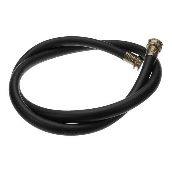 A black Jackson hose assembly with gold fittings.