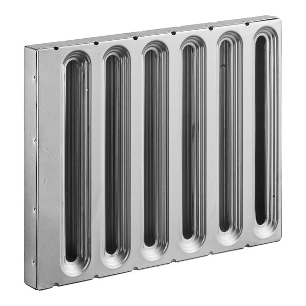 A rectangular metal grease filter with vertical slots, measuring 16 by 20 inches.