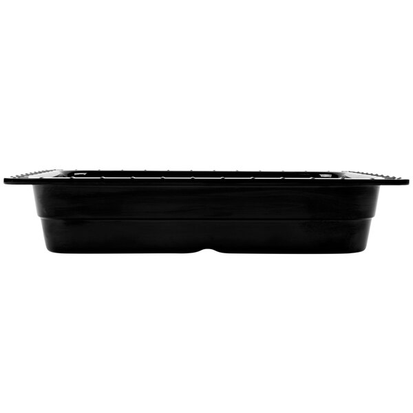 A black rectangular GET Melamine food pan with white text on it.