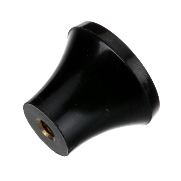 A black plastic Bakers Pride knob with a nut.