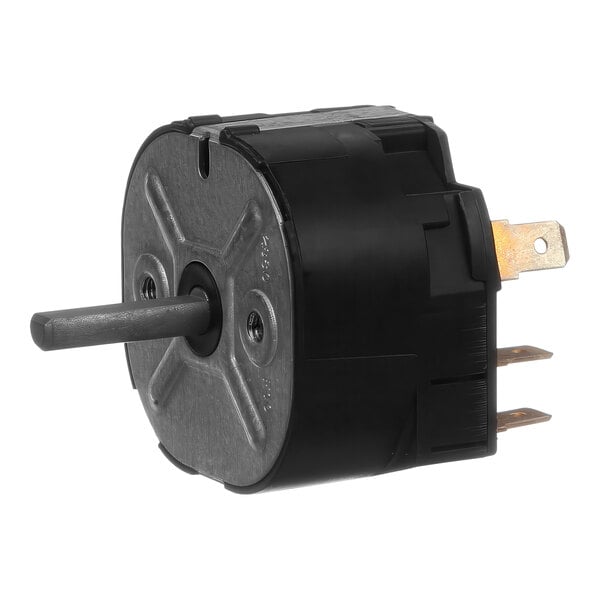 A black and silver electric motor with a small metal gear on top.