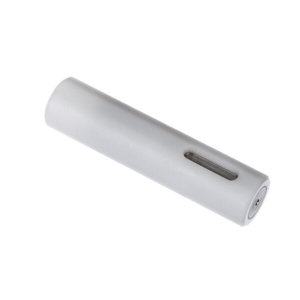 A silver cylindrical metal bar with a hole in the middle.