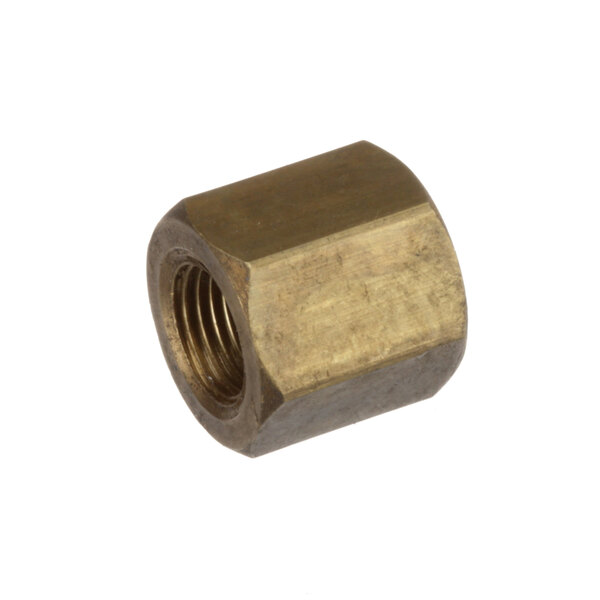 A close-up of a brass threaded nut.
