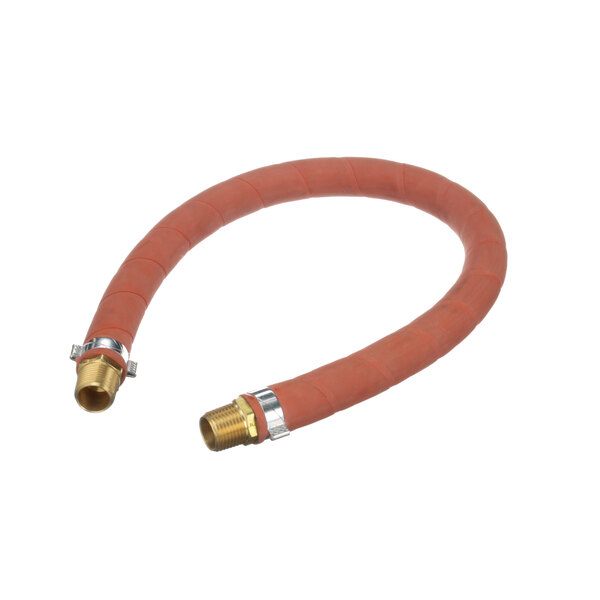 A red flexible hose with brass fittings.