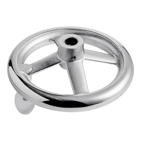 A metallic, three-spoke handwheel with a shiny, chrome-like finish and a central mounting hole.
