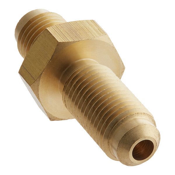 A brass Bunn bulkhead fitting with a gold nut.