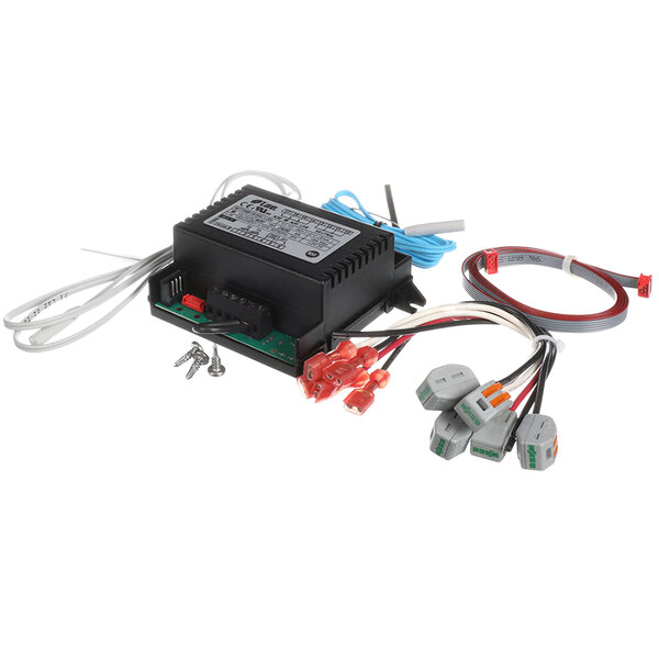 A black electronic device with wires and screws.