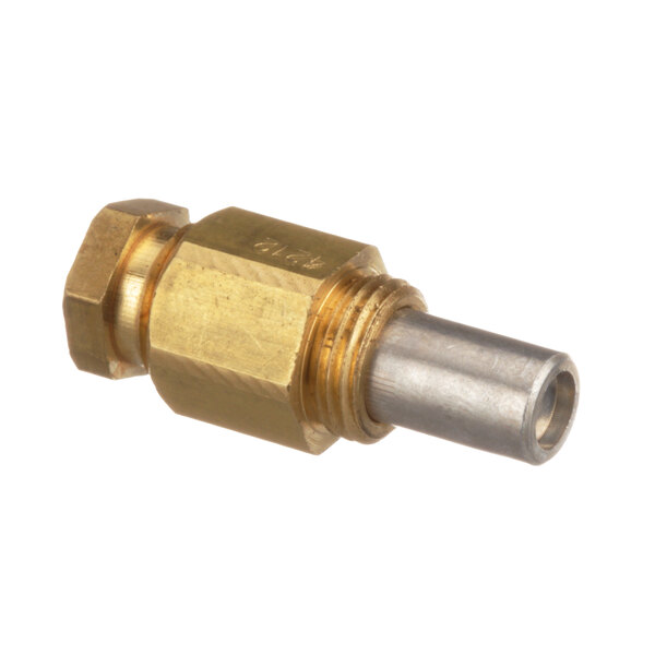 A brass Nieco pilot orifice with a silver metal nut.