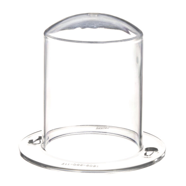 A clear glass container with a round base and a metal ring on top.