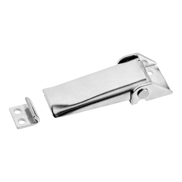 A metal latch and catch set for securing doors or panels.