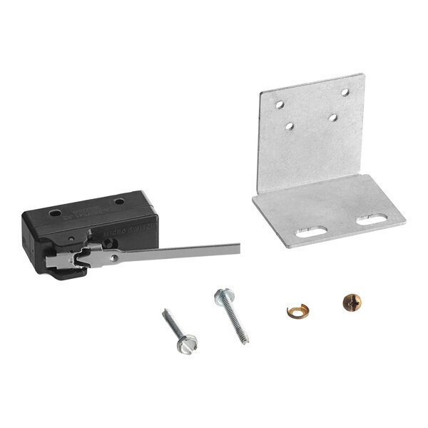 A black and silver metal plate with a metal latch and screws.