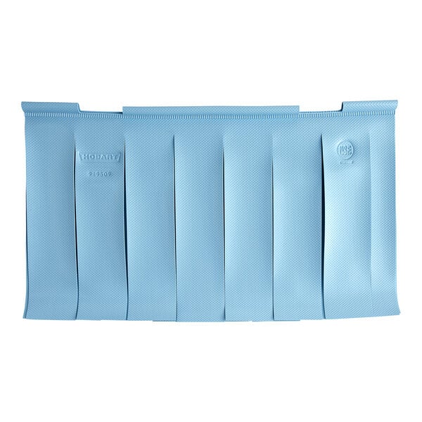 A blue rectangular plastic bag with many strips.