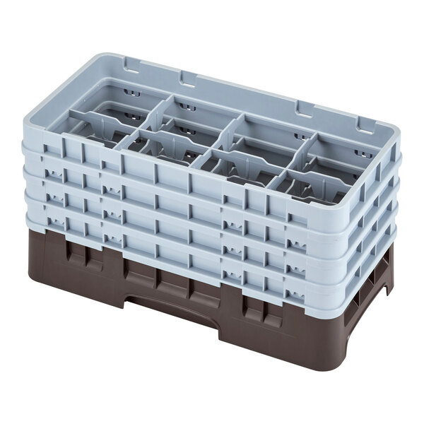 A brown Cambro half size glass rack with 8 compartments and 4 extenders.