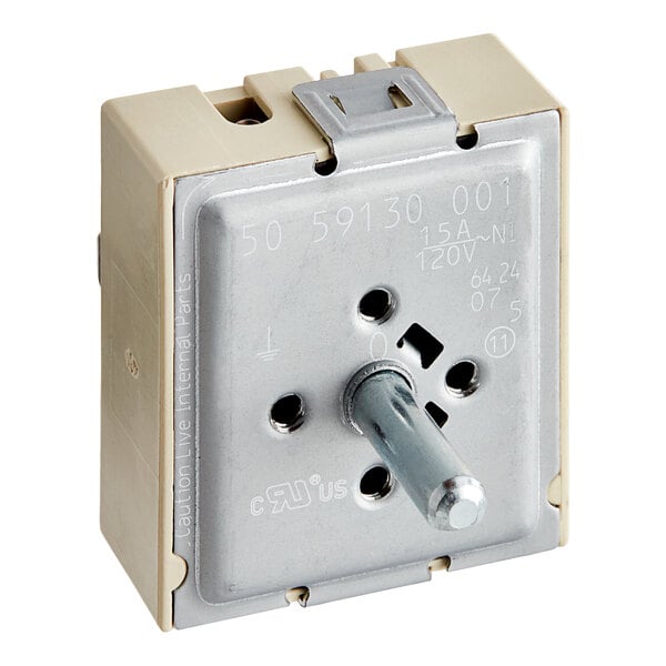 A small metal box with a metal knob and a metal switch inside.