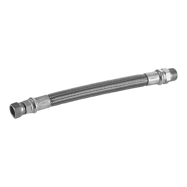 A stainless steel hose with a metal nut on the end.