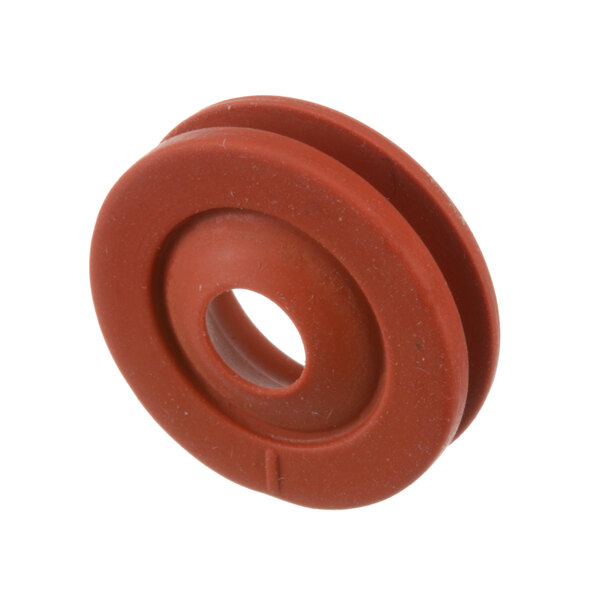 A close-up of a red rubber pulley with a hole in it.