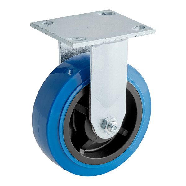 A blue castor with a black wheel and blue rubber plate.