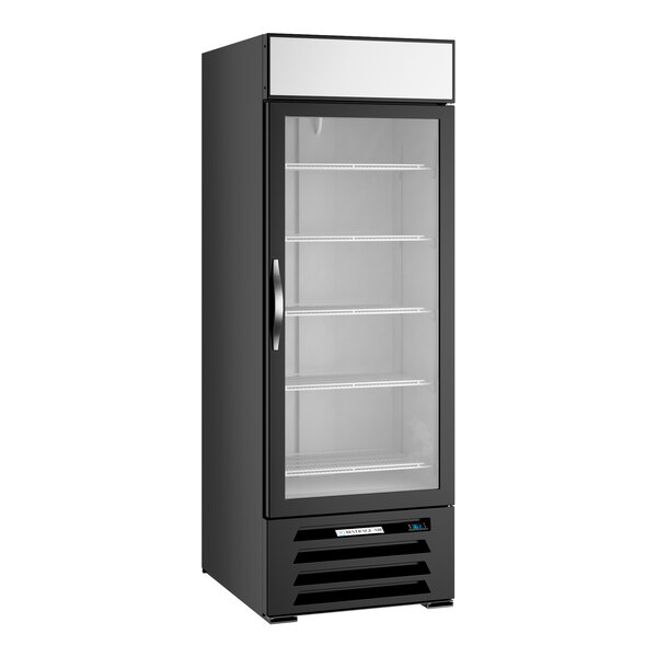 A black refrigerated glass door merchandiser with LED lighting and multiple shelves.