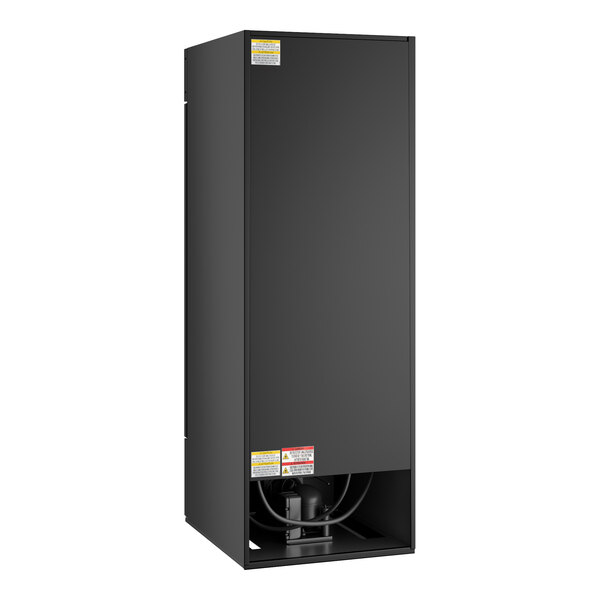 A black refrigerated glass door merchandiser with LED lighting and a 23 cubic foot capacity.