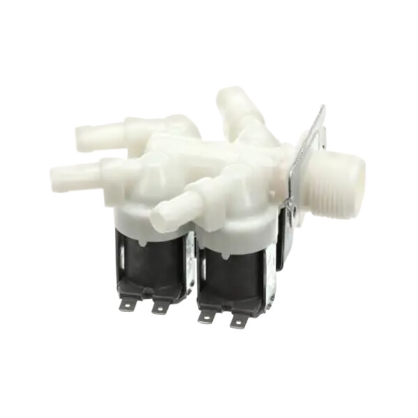 A white plastic Alliance Laundry valve with black plastic parts.