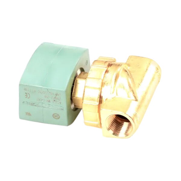 A close-up of a brass threaded valve with a green nut.