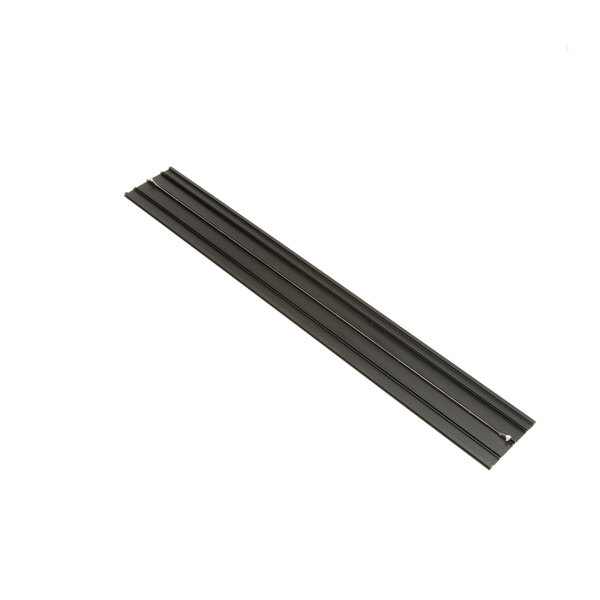 A black metal strip with a hole in it on a white background.