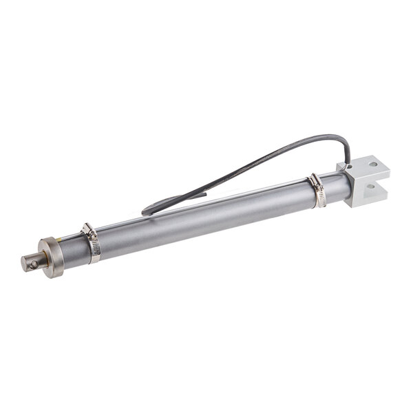 A hydraulic jack assembly with a cylindrical metal body, mounting brackets, and an attached cable.