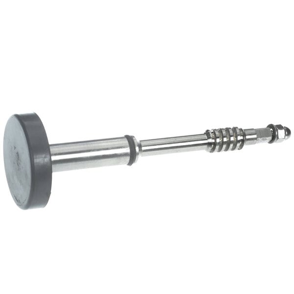 A metal rod with a black rubber handle and metal screw.