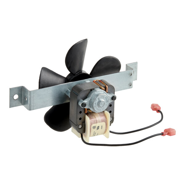 A small electric motor with an attached black fan blade, mounted on a metal bracket with two wires ending in red connectors.