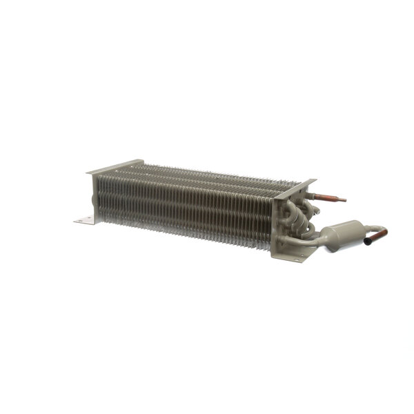 A close-up of a Turbo Air Refrigeration evaporator coil, a metal heat exchanger with wires and a fan.