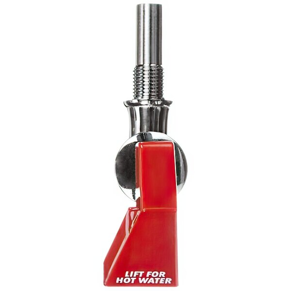 A close-up of a red and silver Wilbur Curtis hot water faucet clamp with a red screw.