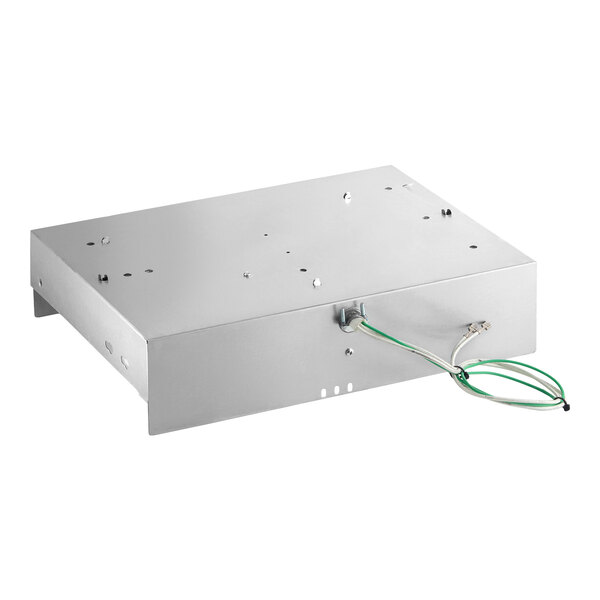 A rectangular metal box with several small holes on its surfaces and a set of green, white, and black wires extending from one side.