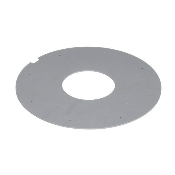A white circular metal Dispense-Rite baffle with a hole in the middle.