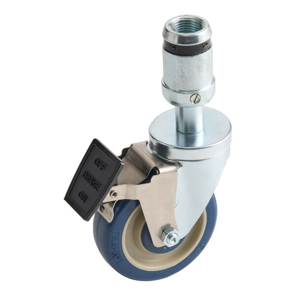 A single swivel caster wheel with a blue rubber tire, metal frame, and a foot-operated brake labeled 'OFF BRAKE ON'.