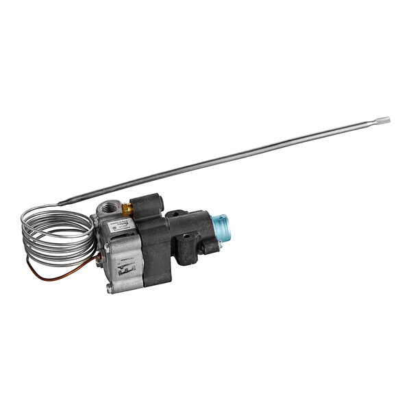 A black and silver Vulcan thermostat with a wire attached.