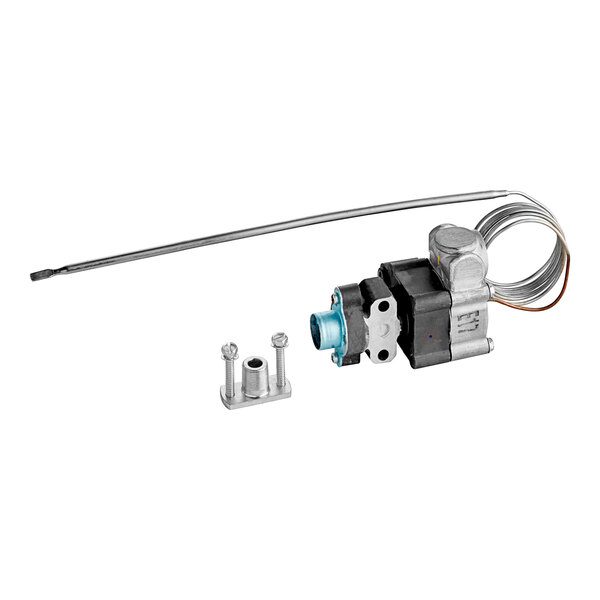 A blue and metal Vulcan thermostat assembly with a ring on a white background.