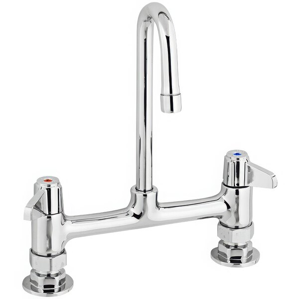 A silver Equip by T&S deck-mounted faucet with 2 gooseneck spouts and lever handles.