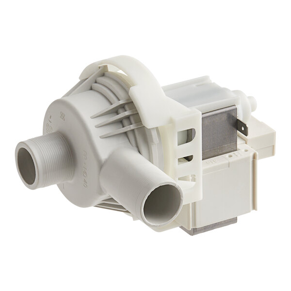 A white plastic Hobart drain pump with pipes attached.