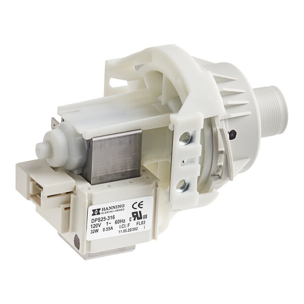 A white plastic Hobart drain pump with a white label.