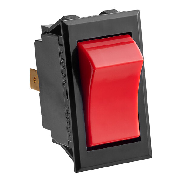 A red and black rocker switch on a white background.