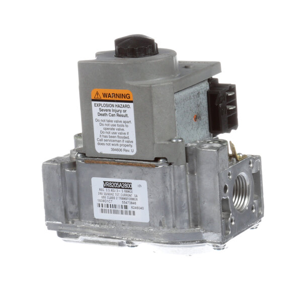 A Bakers Pride gas valve with a black label on it.