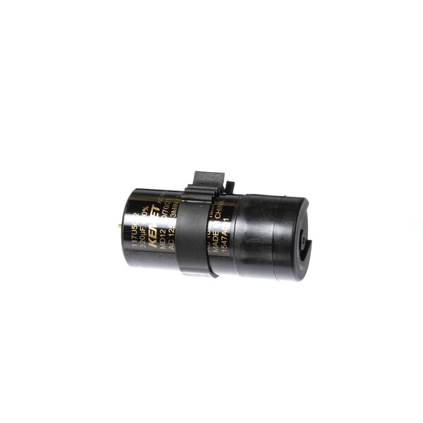 A black Delfield capacitor with yellow text on a black band.