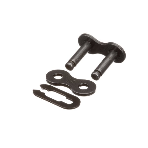 A close-up of a pair of black metal chain links.