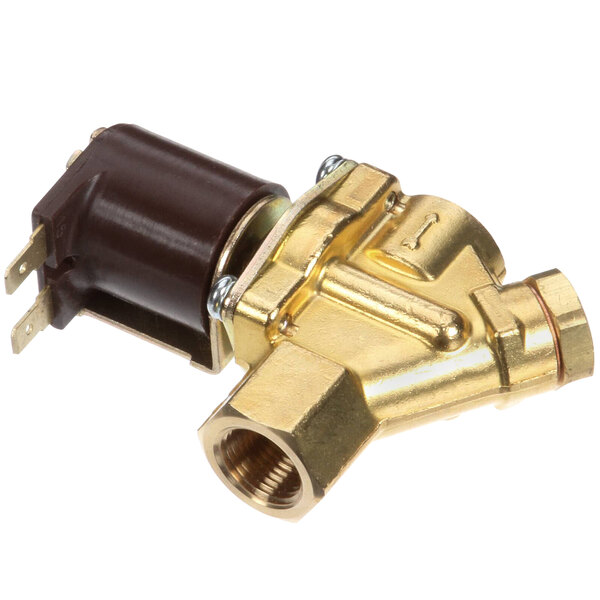A close-up of a metal Cornelius water solenoid valve with a brass and gold metal.