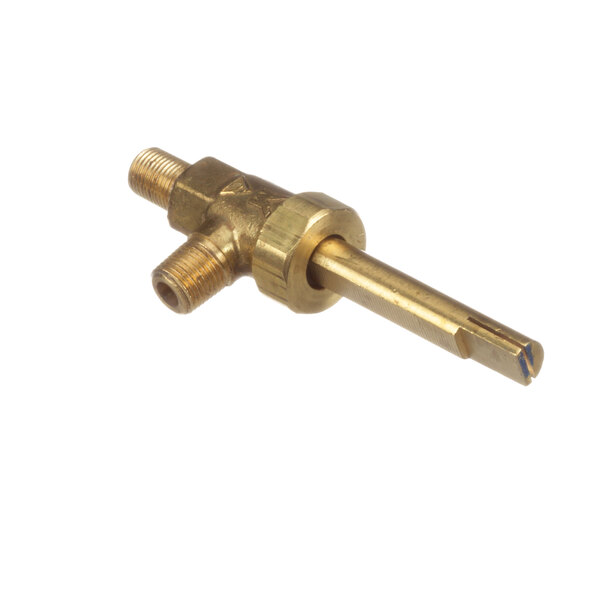 A brass US Range 1/4 turn shut-off valve with a gold handle and brass nut.