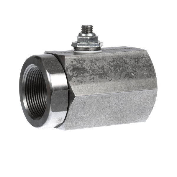 A close-up of a Giles stainless steel drain valve with a nut.