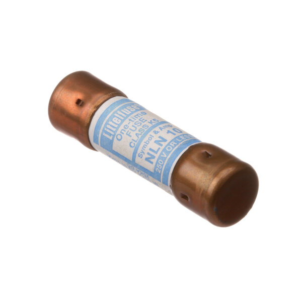 A close-up of a Marshall Air 10 amp fuse with a copper and blue tube.